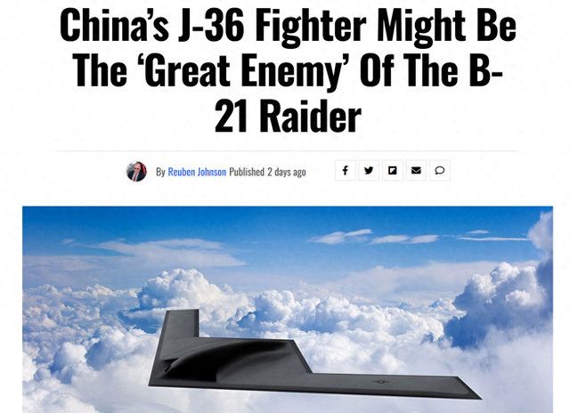 终于反响
过来了？美媒：歼-36定位于关岛上空作战，是B-21大敌！