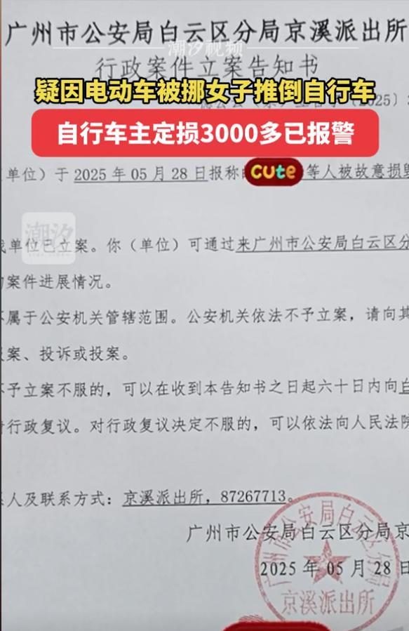 女子为抨击推倒自行车后续：车主谢绝
息争，定损价曝光，真赔不起